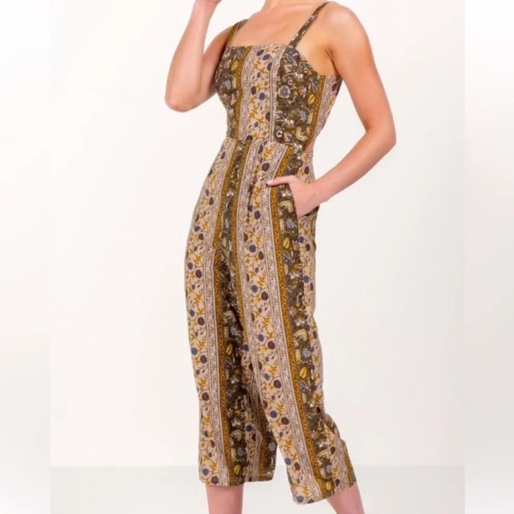 NWT Blue Rain Francesca’s Deep Moss Green Floral Tie Back Jumpsuit Sz XXS